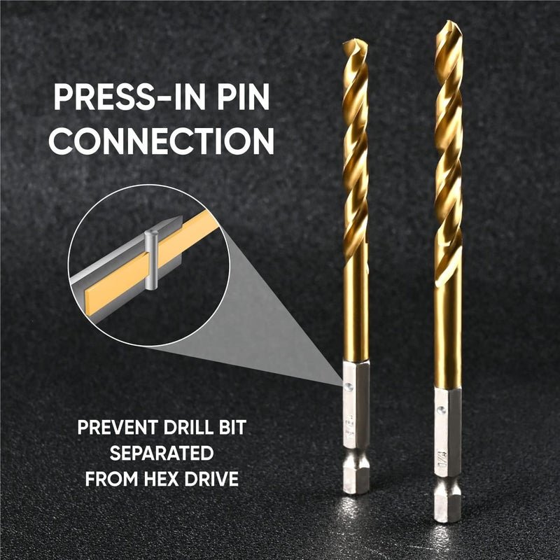 amoolo 1/8 Hex Shank Drill Bits, 10Pcs Titanium HSS Twist Impact Drill Bit Set for Metal, Steel, Wood, Plastic, Quick Change Design - Image 2